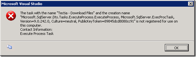 The task with the name "Tectia - Download Files" and the creation name "Microsoft.SqlServer.Dts.Tasks.ExecuteProcess.ExecuteProcess, Microsoft.SqlServer.ExecProcTask, Version=9.0.242.0, Culture=neutral, PublicKeyToken=89845dcd8080cc91" is not registered for use on this computer